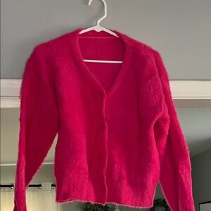 Women's Fuzzy hot Pink Cardigan Sweater